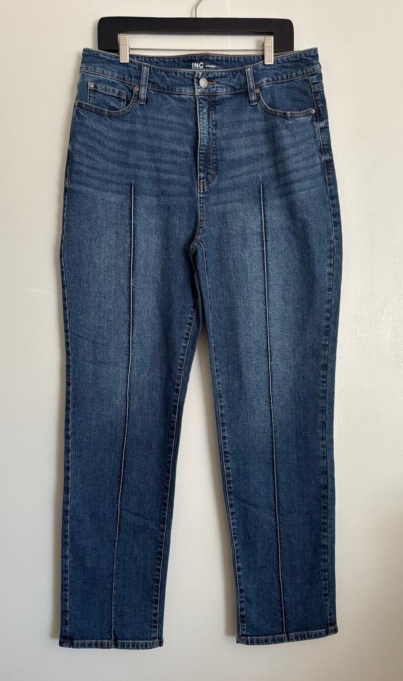 Dark Wash INC High Rise Straight Leg Dart Pleated Jeans 14/32